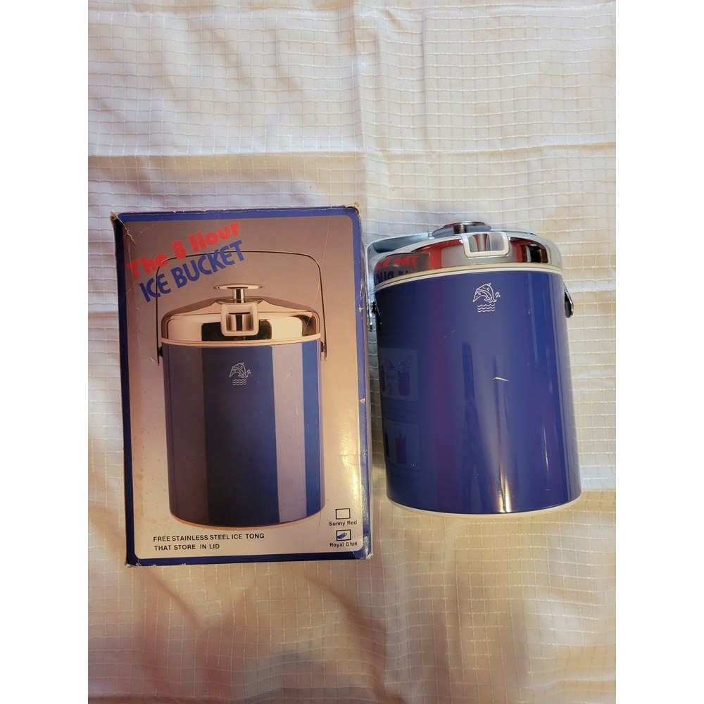 Vintage 8 Hour Ice Bucket Royal Blue Insulated Barware with Tongs and Box Retro